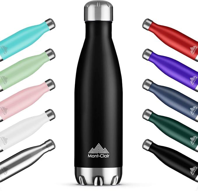 Mont-Clair H2O Stainless Steel Water Bottle, Vacuum insulated - BPA Free, 12h Hot & 24h Cold Drinks, Metal Water Bottle 500ML Leakproof, Ideal for Adult, Kids, Running - Black