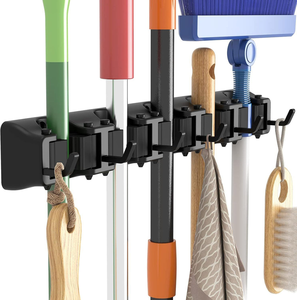 Mop and Broom Holder Wall Mount, Anti-Slip Broom Hanger for Kitchen Organization, Heavy Duty Cleaning Supplies Organizer, Easy Install Tool Organizer for Closet, Garage, 5 Slot 6 Hooks, Black