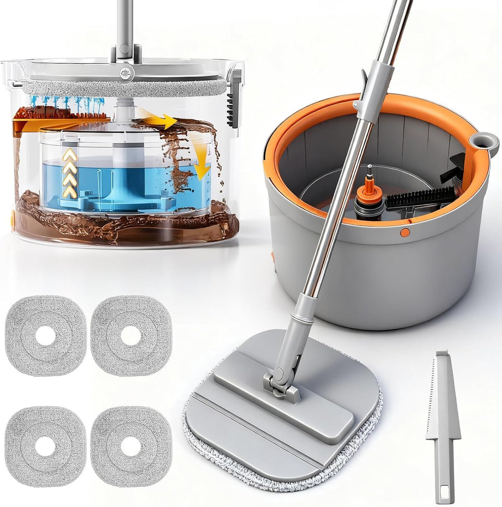 Mop and Bucket Set Spin Mop with Dirty Water Self Separation System with 4 Mop Head Replacement