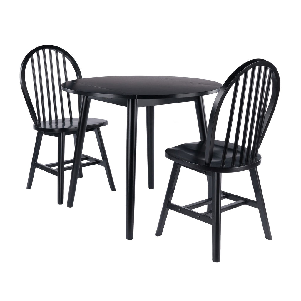 Moreno 3-Pc Drop Leaf Dining Table with Windsor Chairs; Black