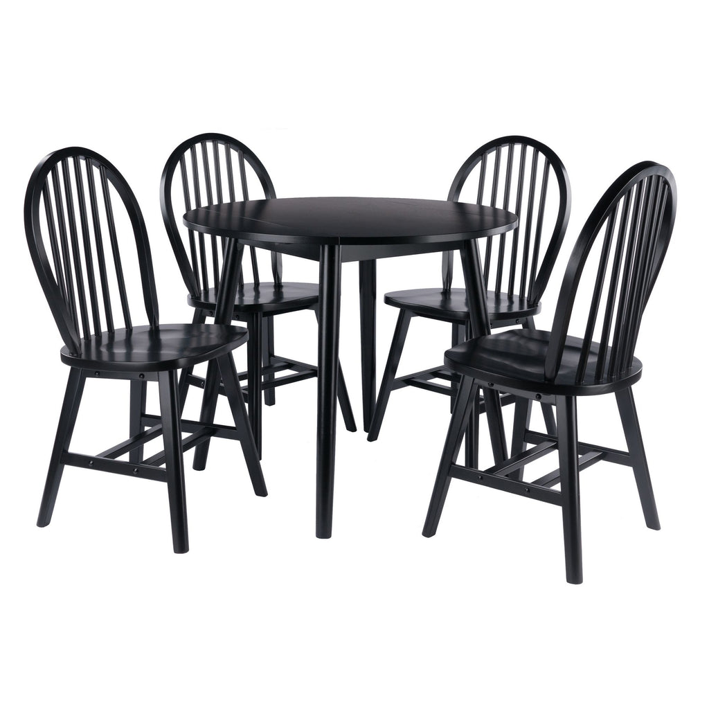 Moreno 5-Pc Drop Leaf Dining Table with Windsor Chairs; Black