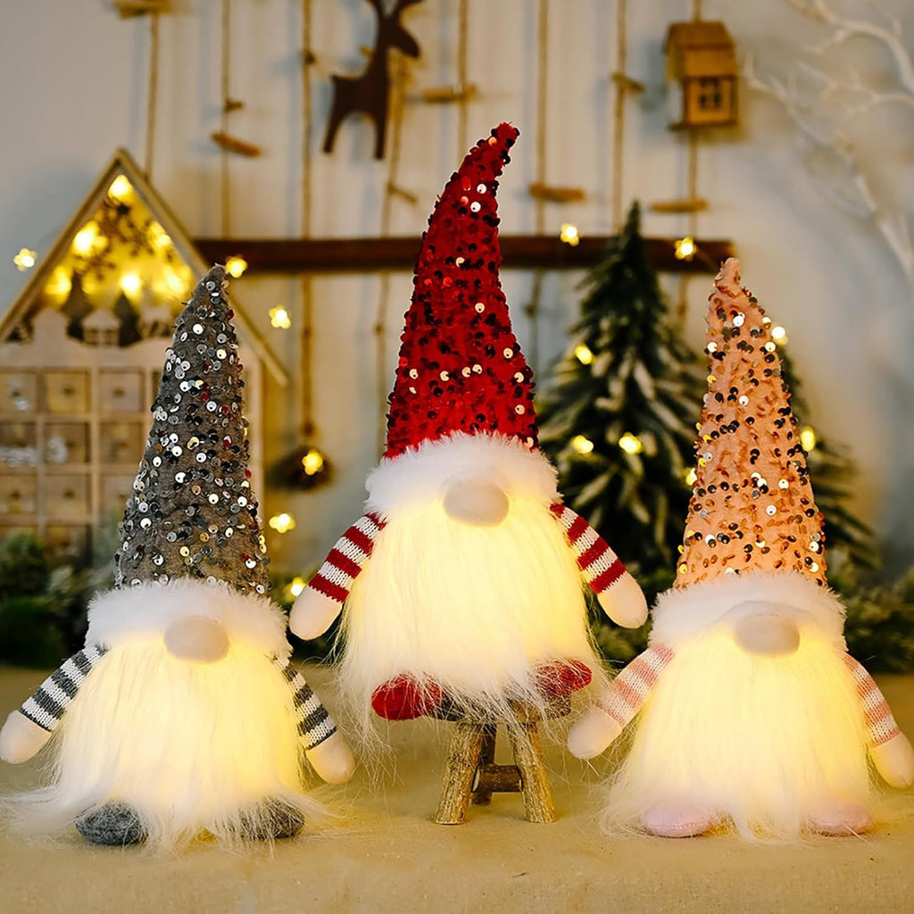 MSQ 3PCS Light Up Christmas Gnomes Decorations Handmade Swedish Santa Gnomes Plush Cute Christmas Decor Indoor Home Tabletop Decorations