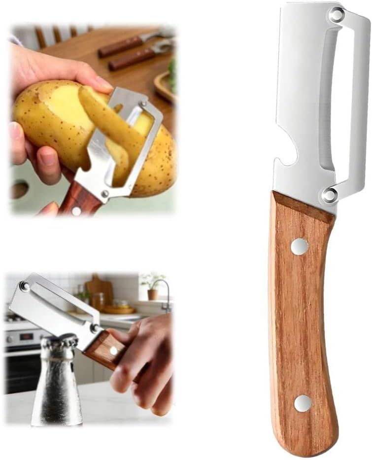 Multi-Functional Vegetable Peeler fo Kitchen: 2 in 1 Stainless Steel Peeler with Wooden Handle and Bottle Opener - Peelers for Potato Pumpkin Papaya Zucchini (1 pcs)
