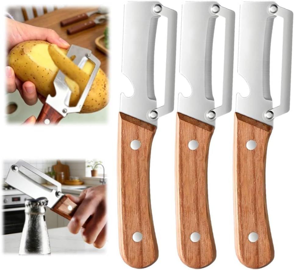 Multi-Functional Vegetable Peeler fo Kitchen: 2 in 1 Stainless Steel Peeler with Wooden Handle and Bottle Opener - Peelers for Potato Pumpkin Papaya Zucchini (3 pcs