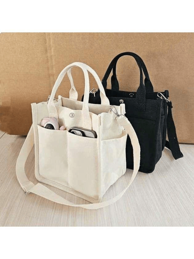 Multi pocket canvas tote bag, portable or crossbody, large capacity partitioned storage, suitable for commuting to school