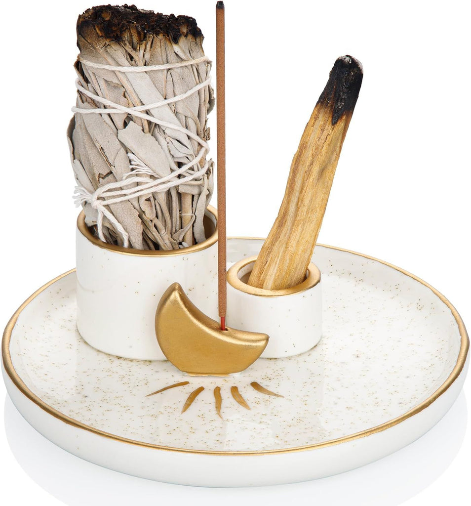 Multifunction Incense and Candle Holder for Burning Sage, Palo Santo, Incense Sticks - 5.9" Ceramic Ash Catcher Tray for Meditation Room Home Decor (Gold)