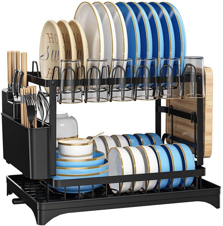 Multifunctional Dish Rack, Rustproof Kitchen Dish Drying Rack with Drainboard, Space-Saving 2-Tier Dish Drying Rack with a Large Capacity for Kitchen Counter Black