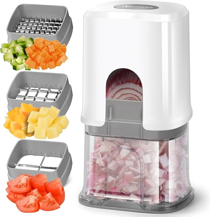 Multifunctional Vegetable Chopper White - 3 Interchangeable Blades Potato French Fry Cutter with Container & Storage Box Food Chopper Dicer for Cucumber, Tomato, Carrot, Onion