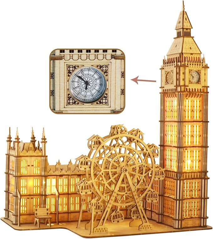 Music Park 3D Puzzles Big Ben Real Clock with Night Light Wooden Model Kits for Adults to Build Ferris Wheel Craft Christmas and Birthday Gifts Home Decoration