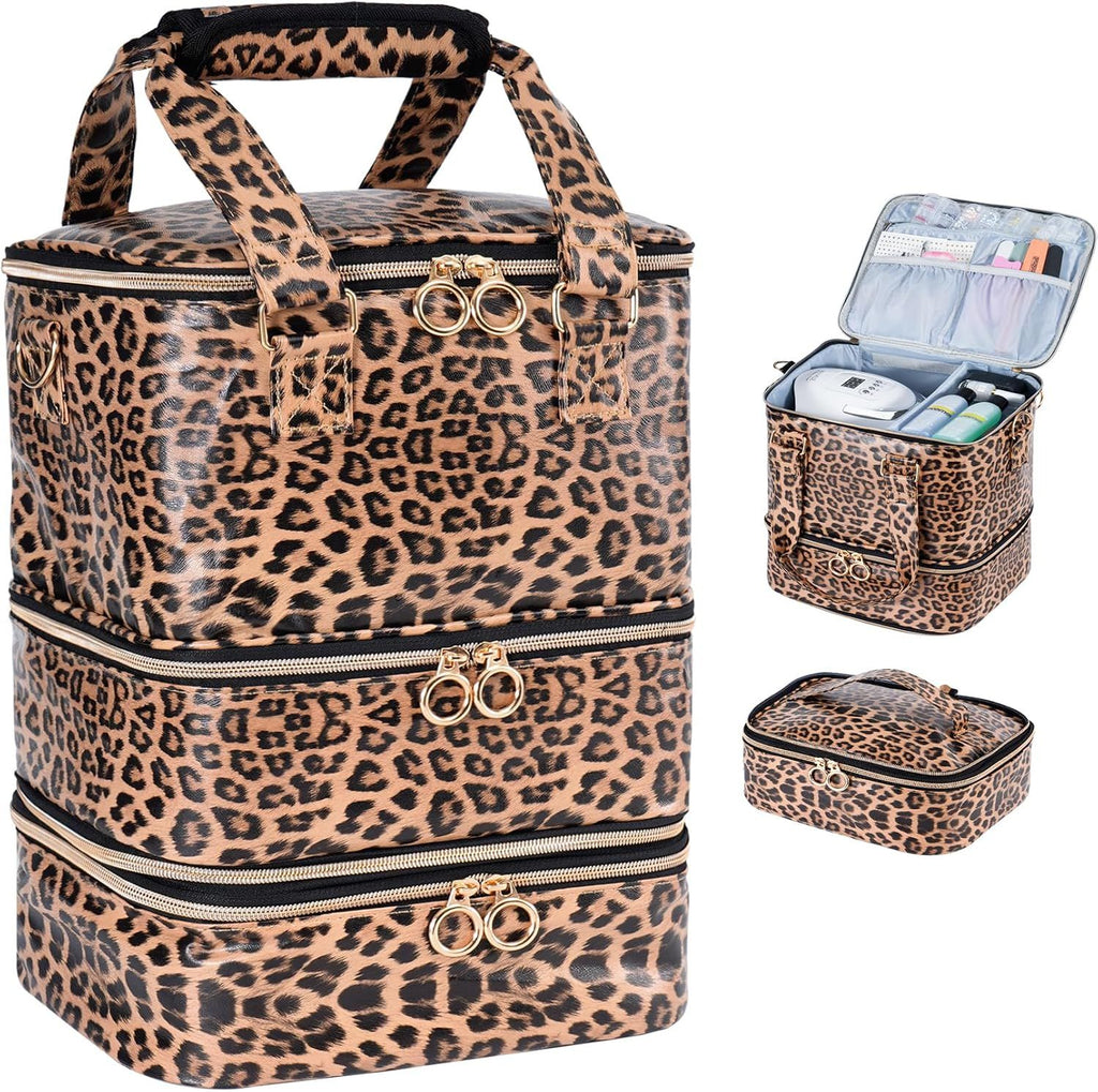 Nail Polish Organizer Bag - Holds 84 Bottles & Lamp, Large Gel Storage Box for Tech Supplies Kit Case - Leopard