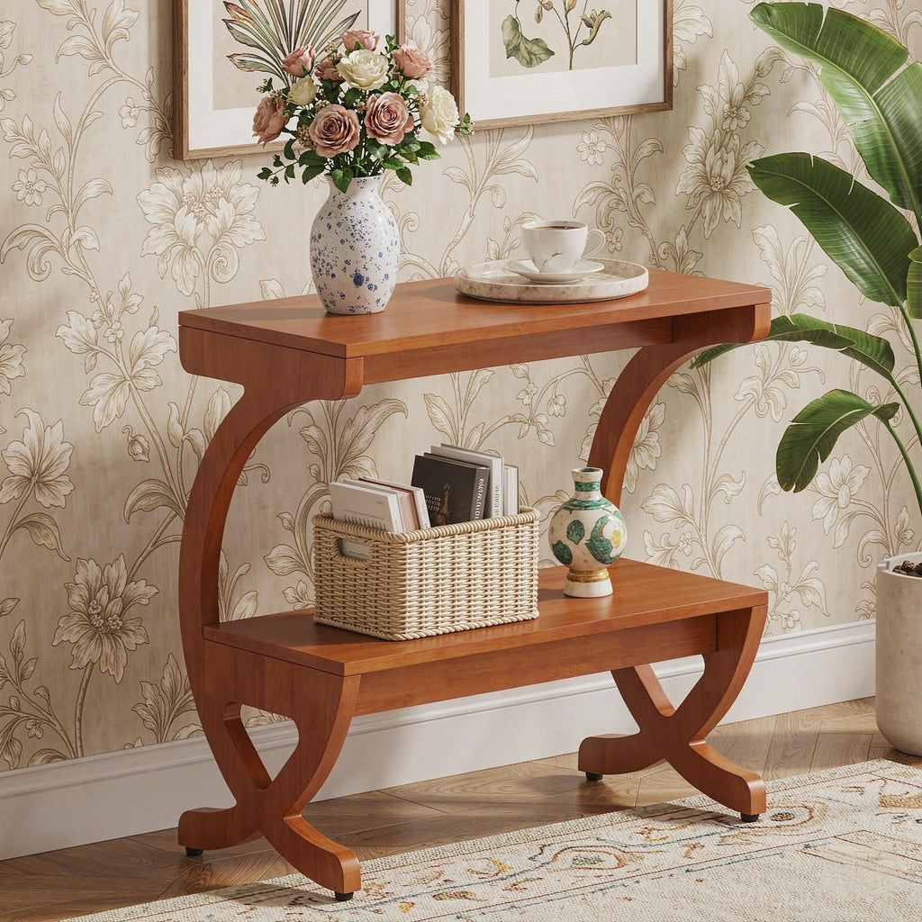 Narrow 2-Tier Wood End Table with Storage Shelf Side Table