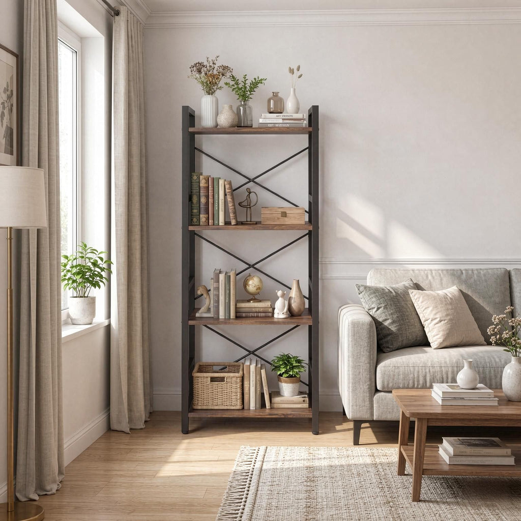 Narrow Freestanding 4-Tier Bookshelf Metal Frame Display Shelf for Home Office Organization Storage