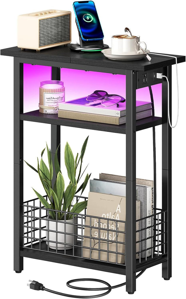 Narrow Side Table with Charging Station and LED Light, Small End Table with Storage, Skinny Nightstand with USB Port, Slim Bedside Table for Small Spaces, Living Room, Black