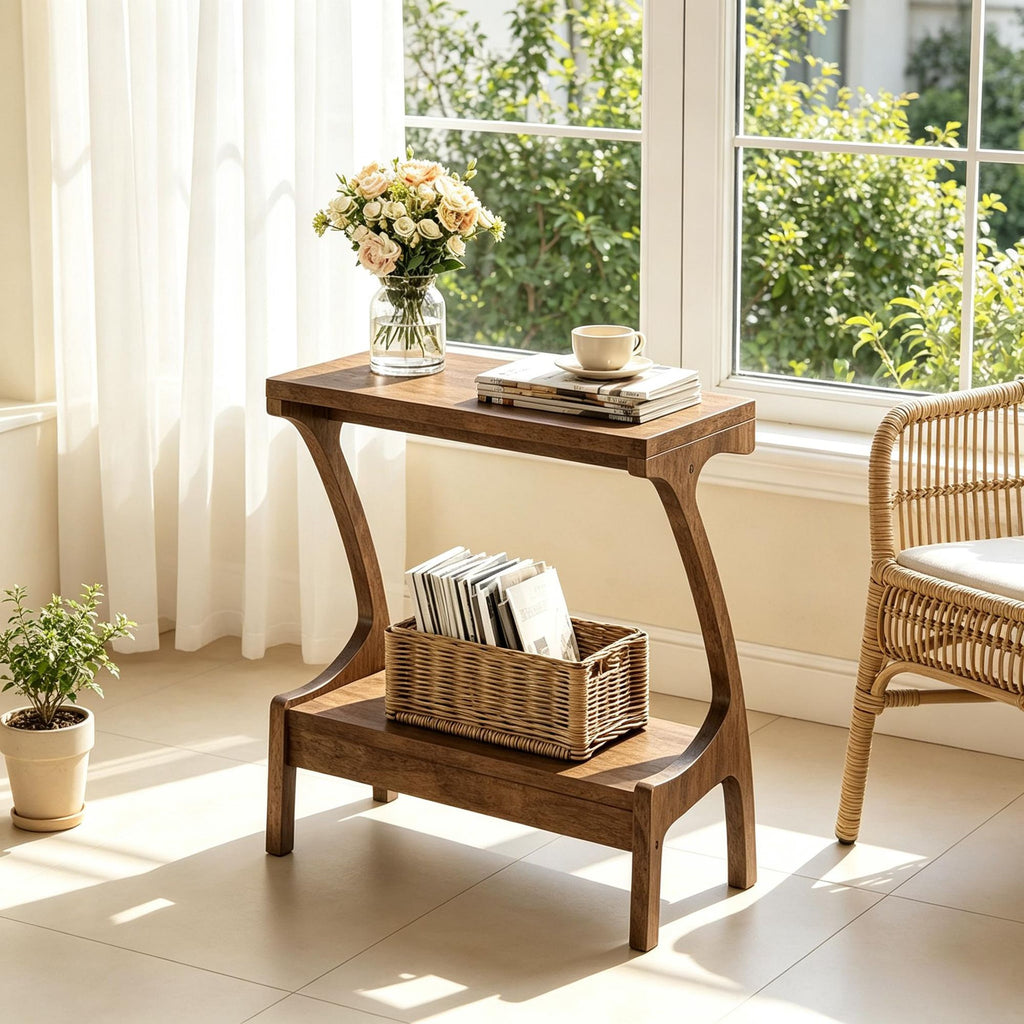 Narrow Wood End Table with 2-Tier Storage Shelf Side Table for Living Room Bedroom Rustic Style Furniture