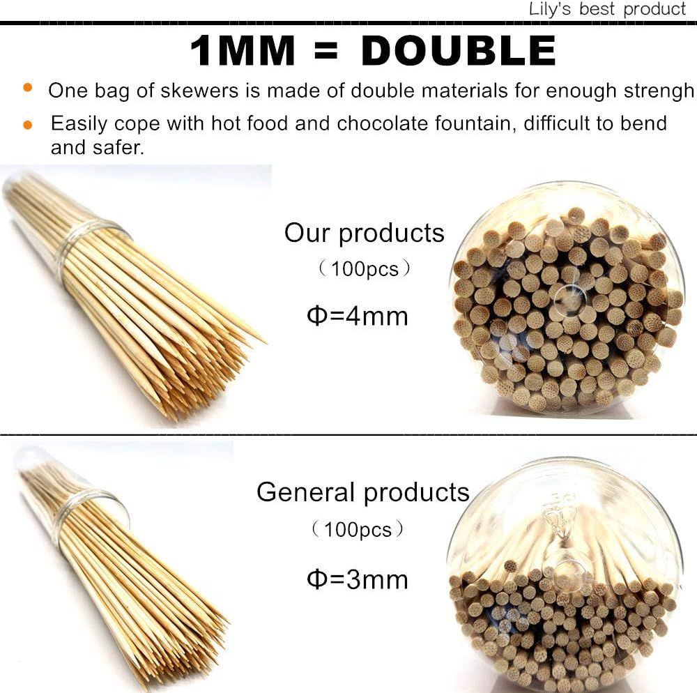 Natural Bamboo Skewers Sticks for Appetiser,  Fruit, Cocktail, Kabobm, Chocolate Fountain, Grilling, Barbecue, Kitchen, Crafting and Party