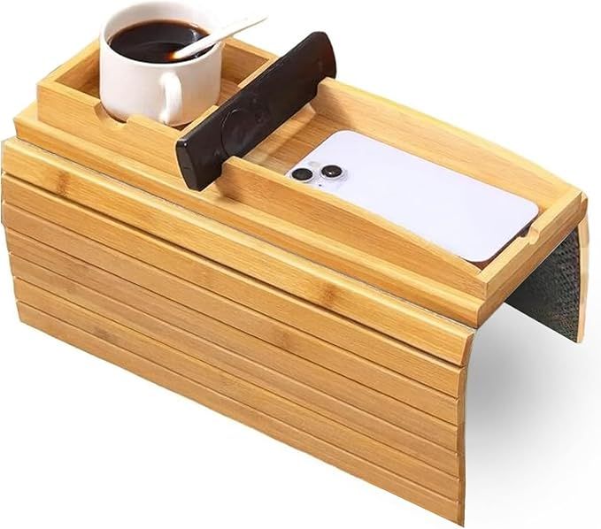 Natural Bamboo Sofa Tray – Foldable Bamboo Couch Armrest Tray with Cup Holder, Non-Slip & Waterproof Sofa Arm Table for Drinks, Snacks, Remote & Phone – Eco-Friendly Bamboo Armrest Organizer