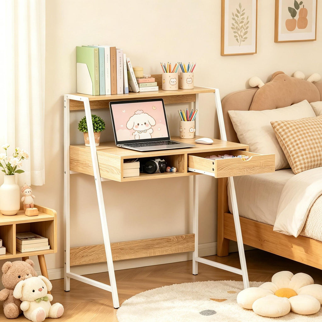 Natural Home Office Desk Computer Desk for Small Spaces Study Table with Drawer And Storage Shelves
