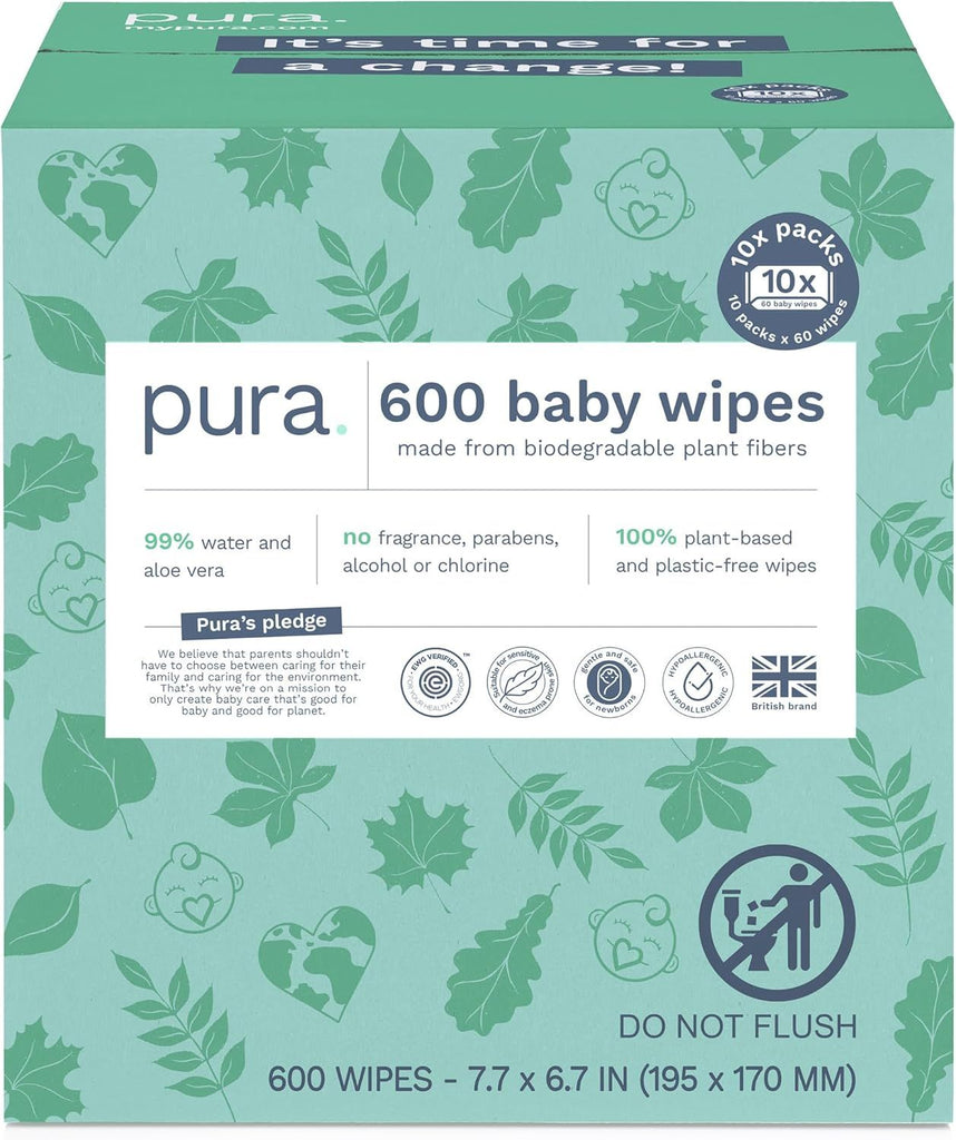Natural Sensitive Baby Wipes, 99% Water, Unscented & Hypoallergenic, Suitable for Sensitive & Eczema-prone Skin, Hypoallergenic, 10 Pack of 60 Wet Wipes (600 Diaper Wipes)