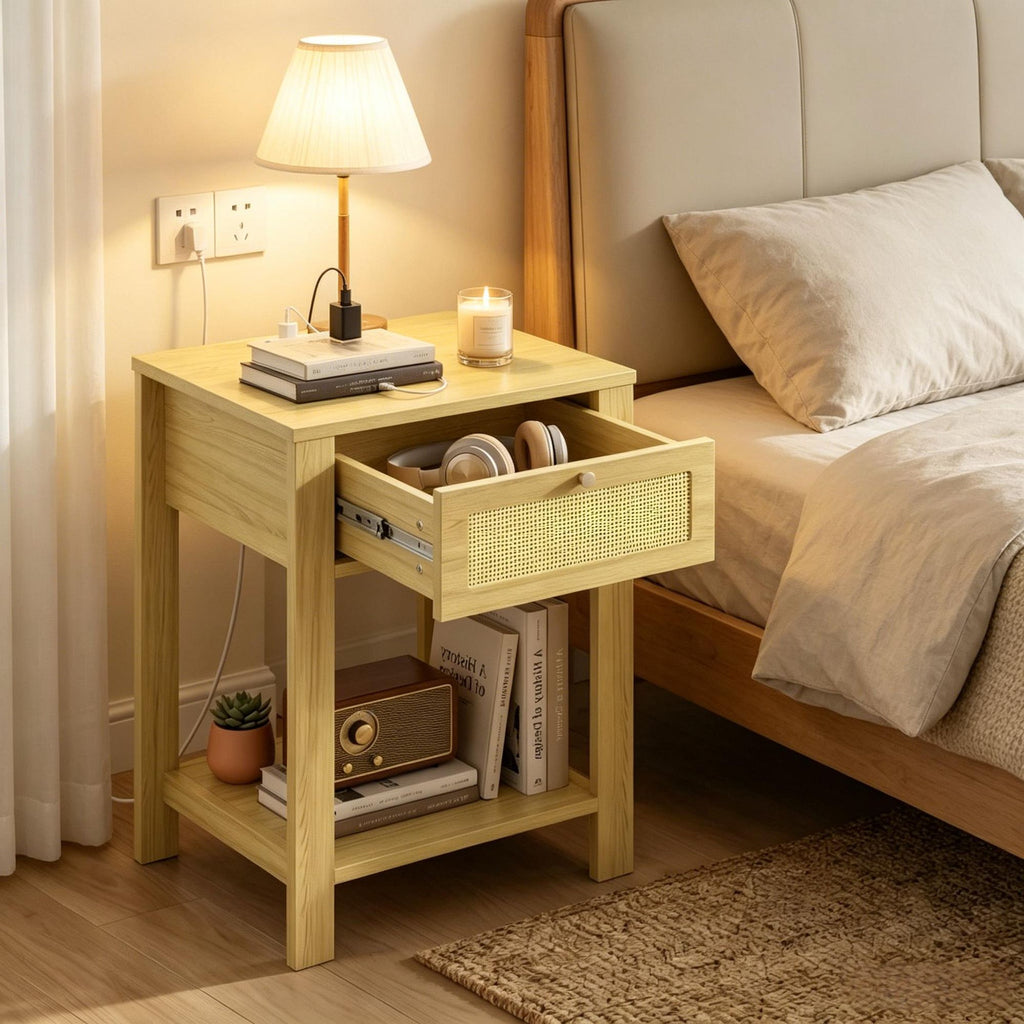 Natural Wood End Table Set of 2 with Charging Station Bed Side Tables with Drawer Storage Shelf for Living Room