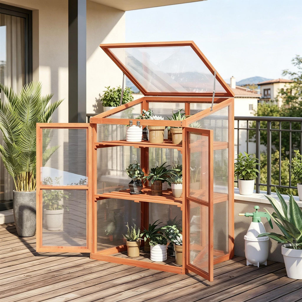 Natural Wooden Cold Frame Greenhouse Small Mini Planter Box 30" L X 24" W X 44" H for Gardening And Planting