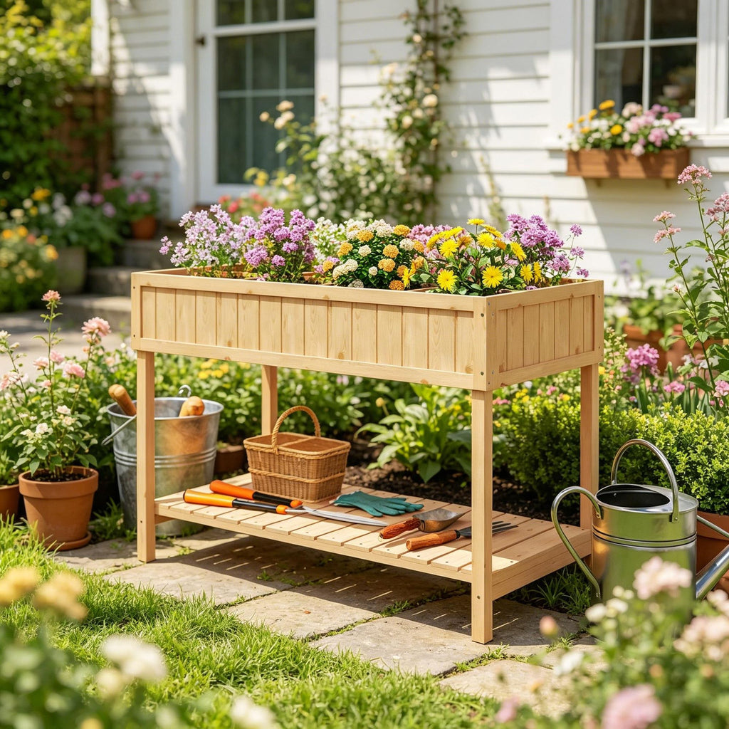 Natural wooden elevated garden bed , with 8 pockets and a rack for elevated flower pots, used for growing herbs, vegetables, and flowers