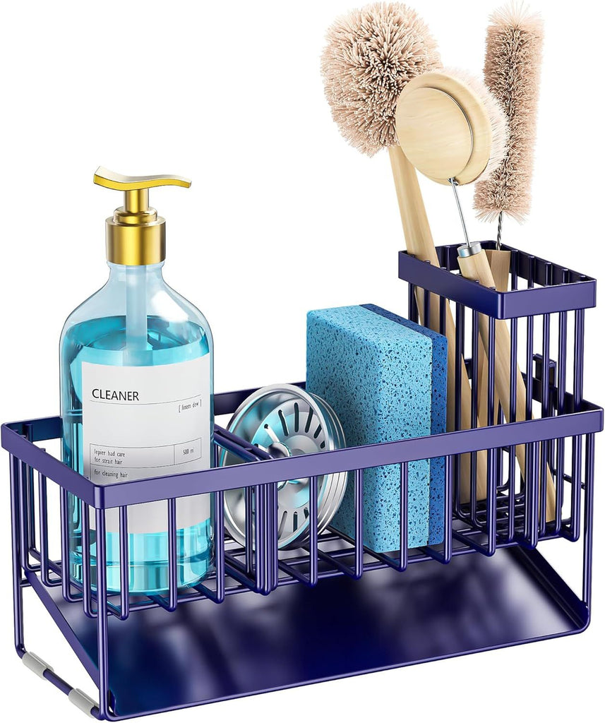 Navy Blue Sink Caddy Organzier with High Brush Holder, Sponge Holder for Sink, 304 Rustproof Stainless, Kitchen Countertop Soap Dispenser Organizer, Gray Blue Kitchen Decor and Accessories