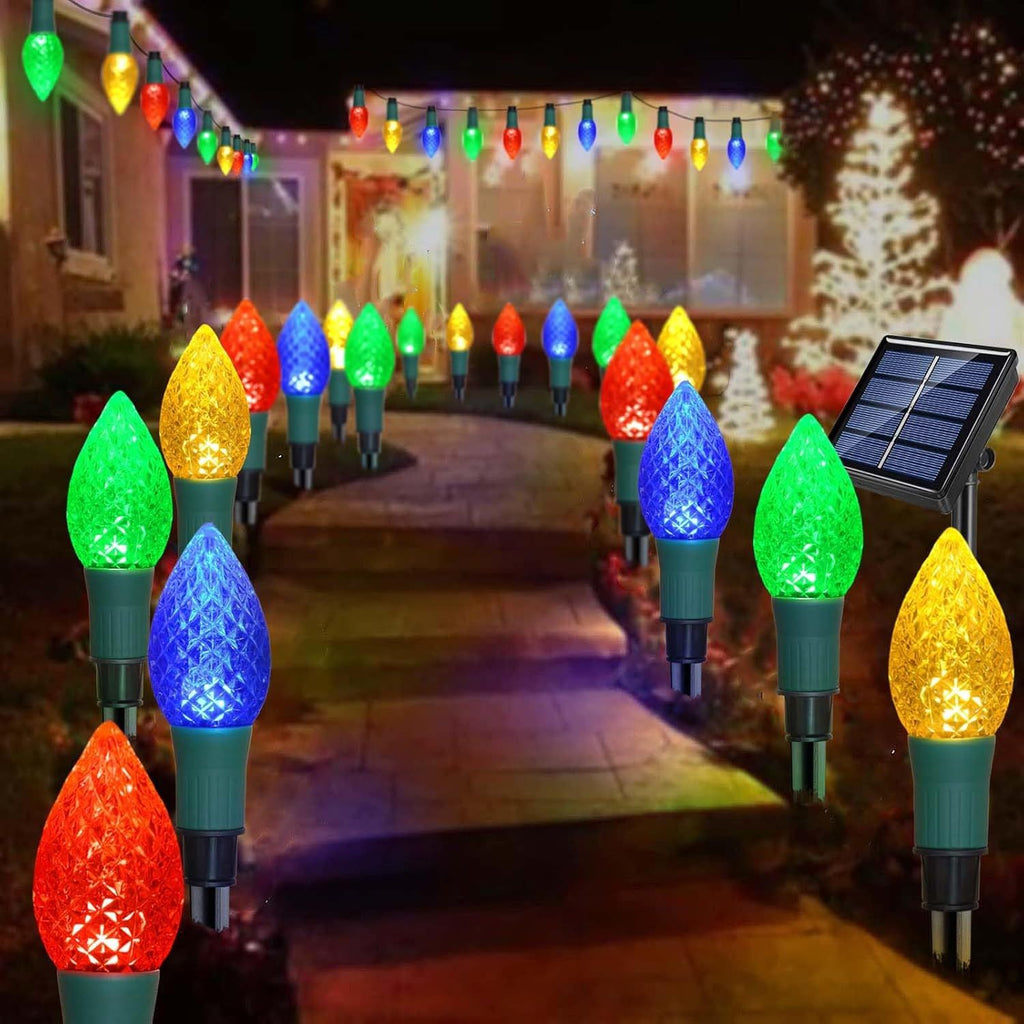 Newest Version 2 in 1 Outdoor Christmas Decorations and Solar Christmas Lights, 20-Pack Waterproof Solar C9 Strawberry Garden Stake Lights for Christmas Tree Garden Patio Yard Pathway