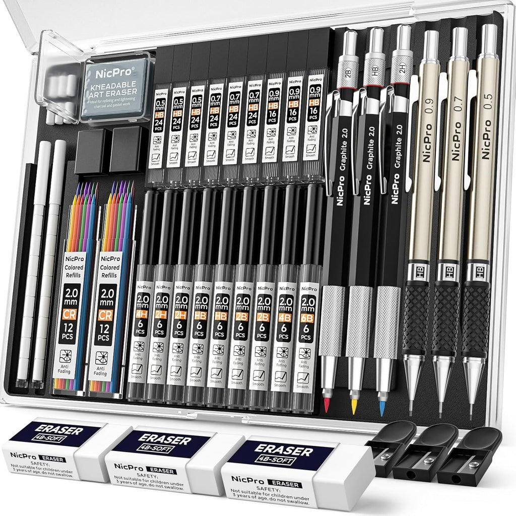 Nicpro 35PCS Art Mechanical Pencil Set, 3 PCS Metal Drafting Pencil 0.5 mm & 0.7 mm & 0.9 mm & 3 PCS 2mm Lead Holder (6B 4B 2B HB 2H 4H Colors) For Sketching Drawing With 20 Tube Lead Refills Case