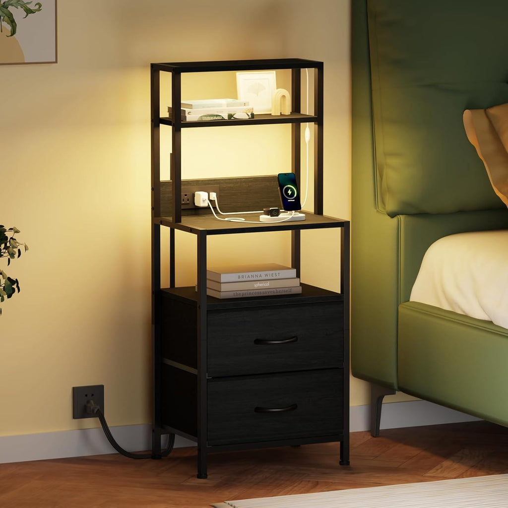 Night Stand, Tall Nightstand with 4-Tier Shelves, 2 Fabric Drawers and Light Tube, Bed Side Tables with Charging Station, Bedside Table for Bedroom, Office, Black Oak | 4-Tier Shelves, 2 Fabric Drawer