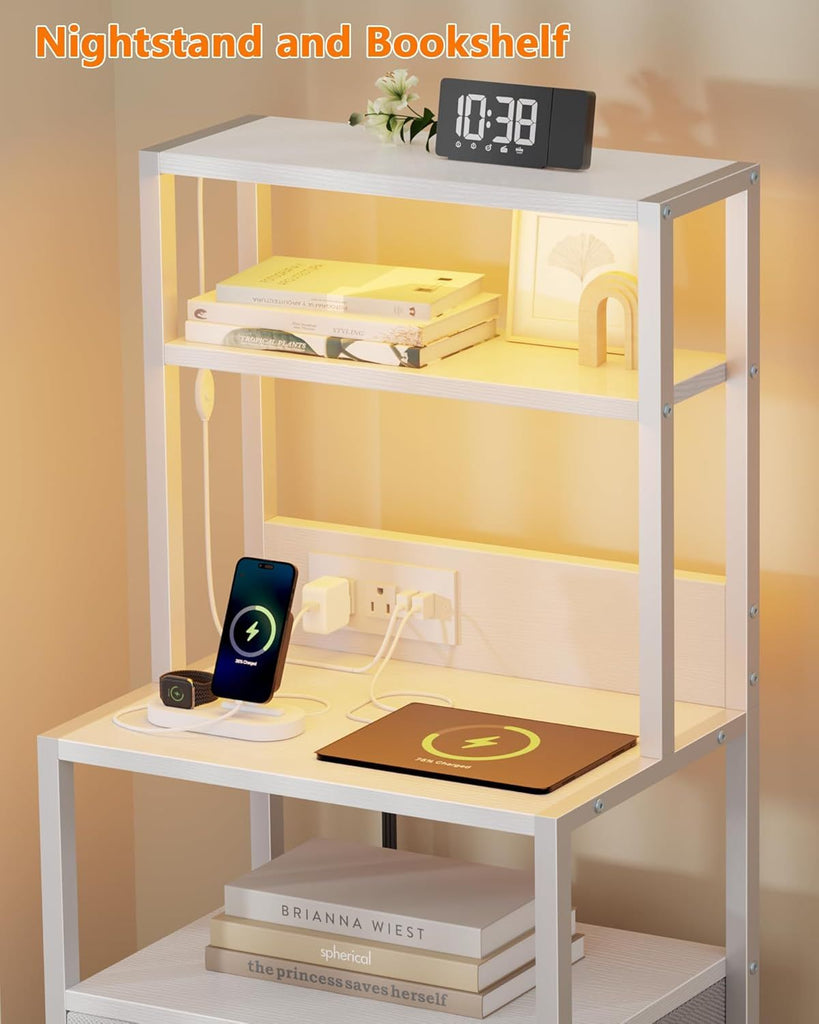 Night Stand, Tall White Nightstand with 4-Tier Shelves, 2 PU Fabric Drawers and Light Tube, Bed Side Tables with Charging Station, Bedside Table for Bedroom