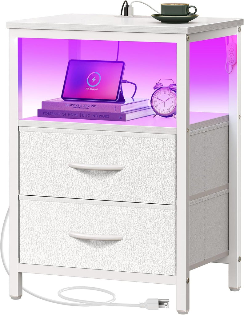 Night Stand with Charger Station and LED Lights, 2 Drawer Nightstand, Bed Side Table with Open Shelf, End Table, Fabric Dresser for Bedroom, PU Leather, White
