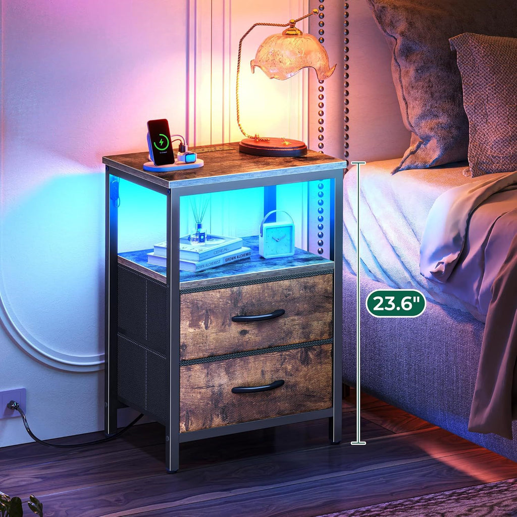 Night Stand with Charger Station and LED Lights, 2 Drawer Nightstand, Bed Side Table with Open Shelf, End Table, Fabric Dresser for Bedroom, Rustic Brown