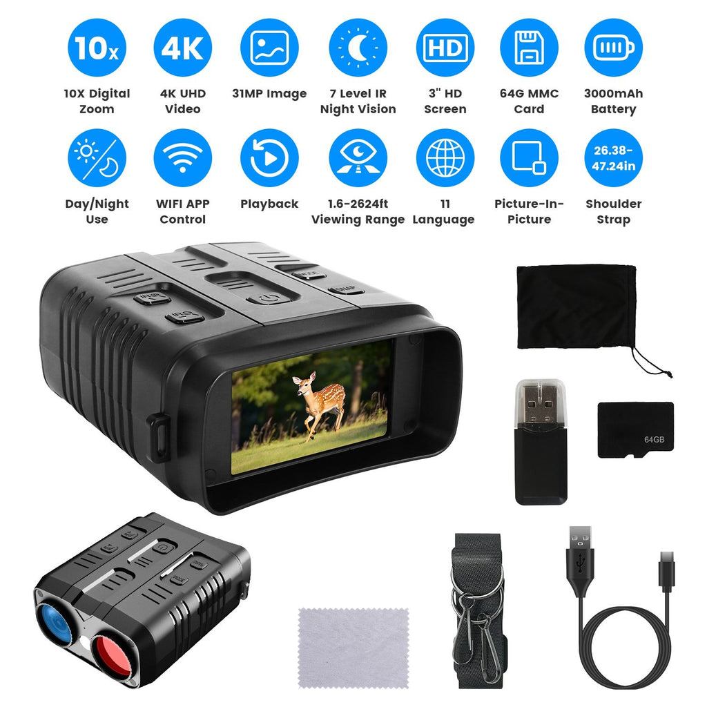 Night Vision Goggles 4K Full-Color Binoculars 10X Zoom with 2624ft Viewing Range 3'' Screen 64G MMC Card WIFI APP Control Save Photo and Video for Camping Hunting & Security GPCT5411