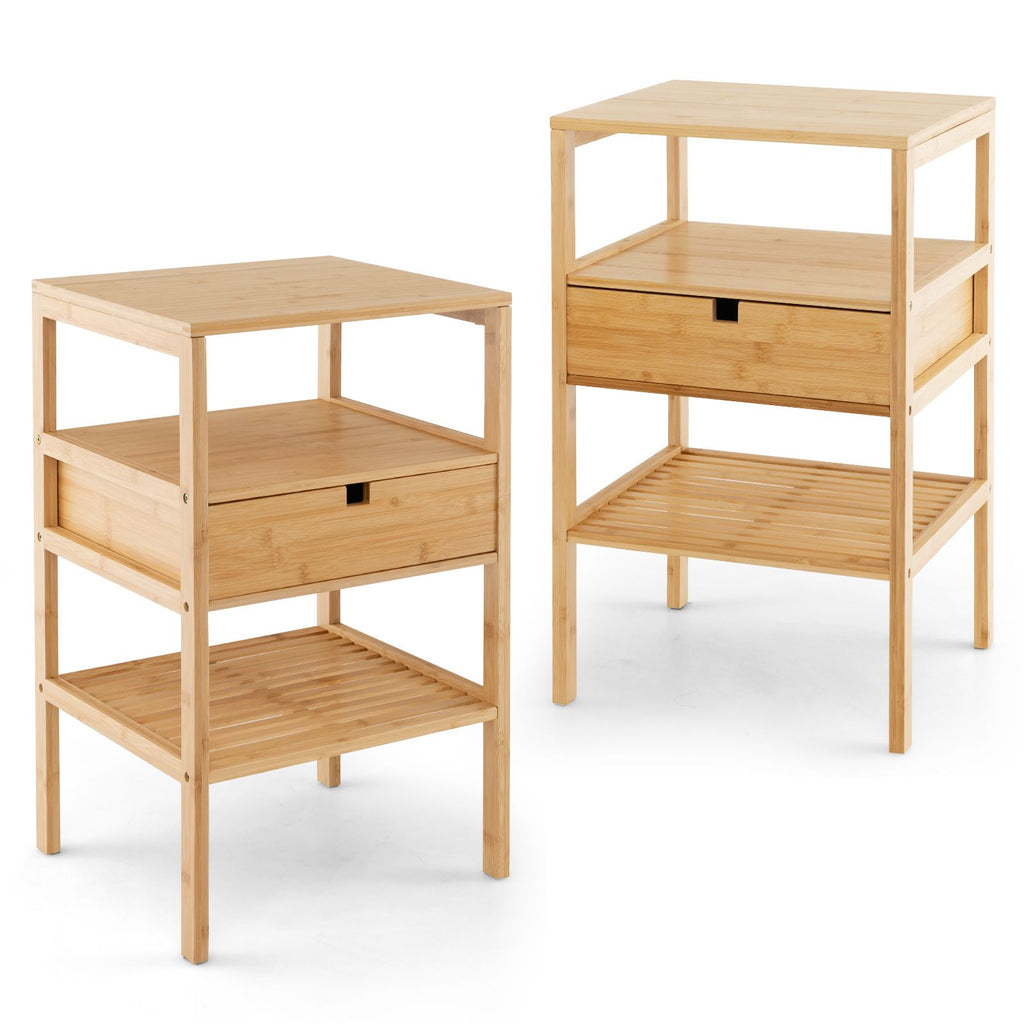 Nightstand Bamboo End Table with 2 Open Shelves and Drawer