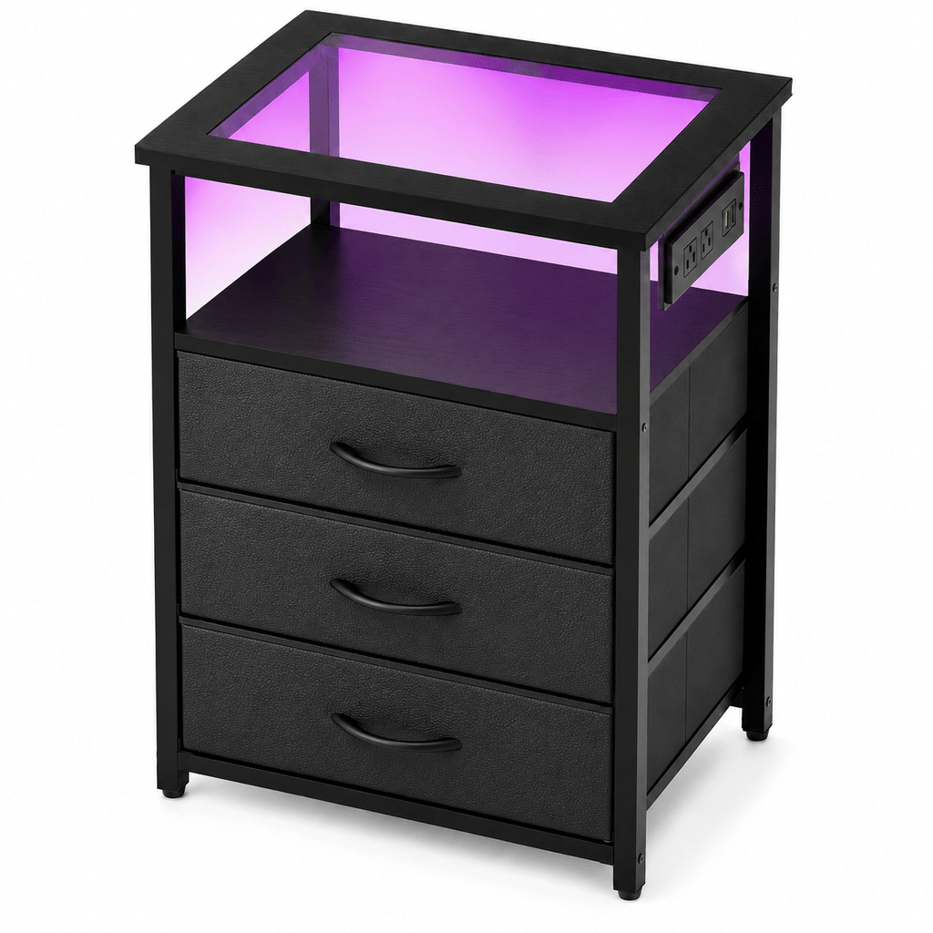 Nightstand End Table with Charging Station, Black 3-Drawer Side Table with RGB LED Light, Glass Top Bedside Table, Fabric Drawers, Open Shelf for Bedroom, Living Room