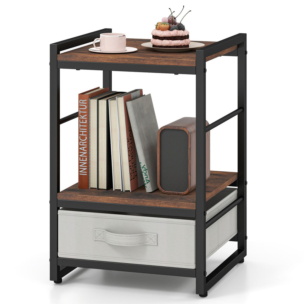 Nightstand Industrial Bedside Table with Open Storage Shelf and Fabric Drawer