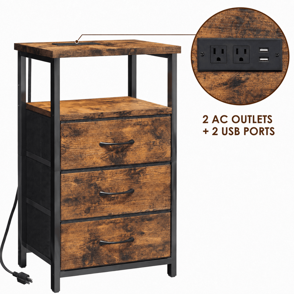 Nightstand with Charging Station, 3-Drawer Fabric Dresser End Table with Power Outlet & USB Ports, Rustic Brown Nightstand with Open Shelf for Bedroom