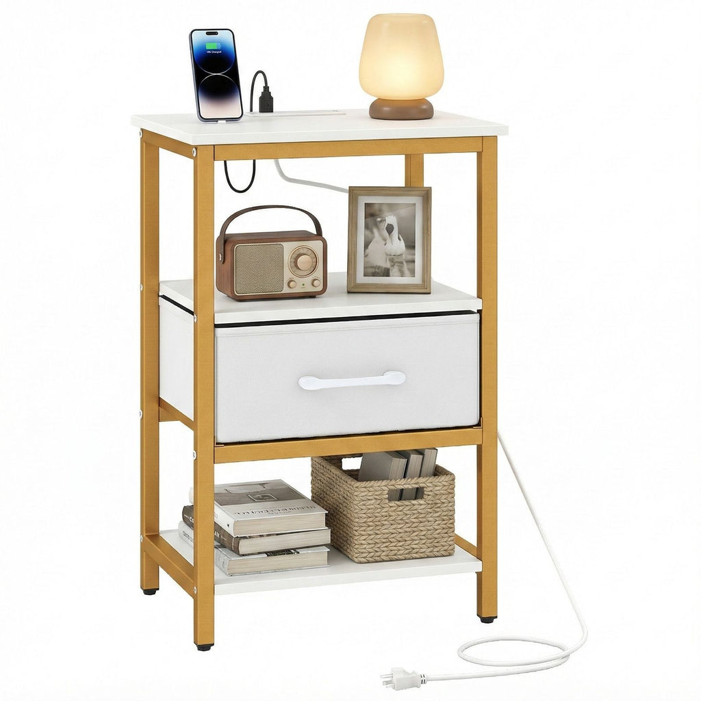 Nightstand with Charging Station and Adjustable Fabric Drawer for Bedroom and Living Room