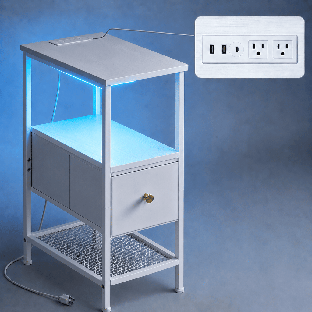 Nightstand with Charging Station and RGB LED Light, Narrow End Table with Fabric Drawer and Mesh Shelf, White