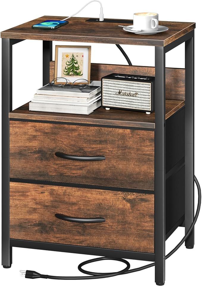 Nightstand with Charging Station, Small Night Stand with Fabric Drawers and Storage Shelf for Bedrooms, Small Spaces, Bedside Table with USB Ports & Outlets