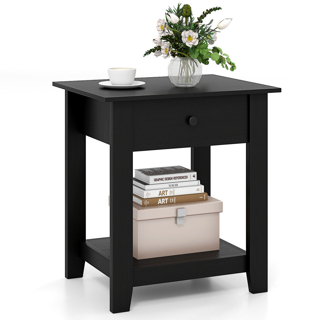 Nightstand with Drawer 3-Tier Modern Bedside Table with Open Shelf and Storage
