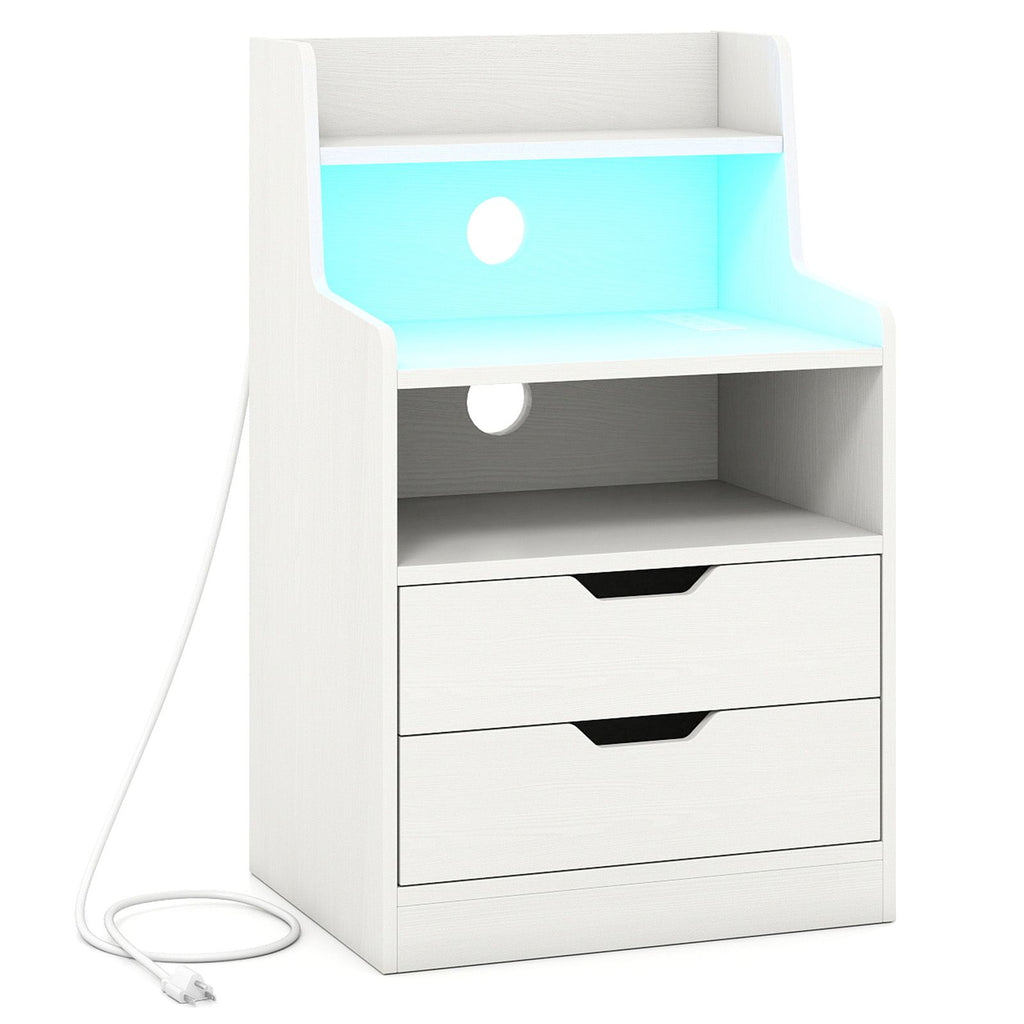 Nightstand with LED Light and Charging Station for Living Room Bedroom