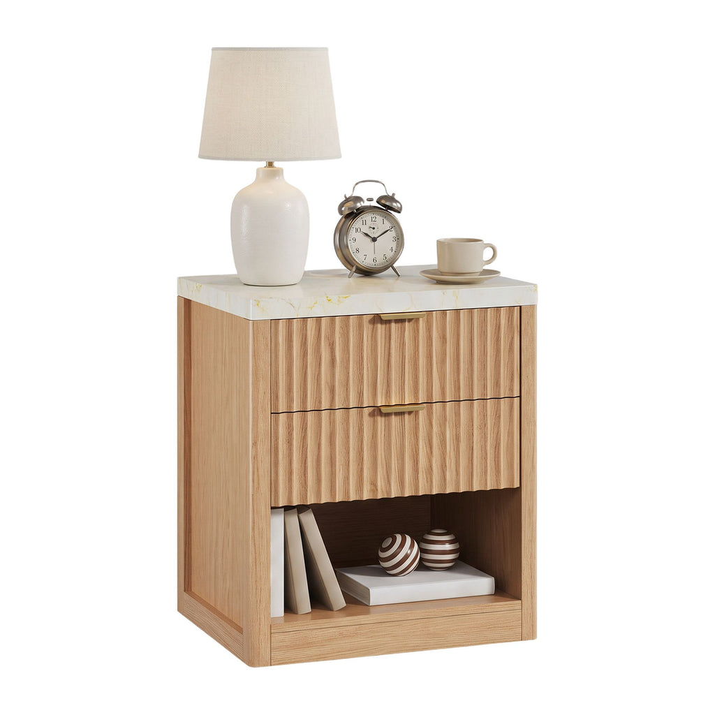 Nightstand with Wireless Charging Station, 1 Fluted Bedside Table with USB & USB-C Ports, 2 Drawers and Open Storage, Faux Marble Top, Natural Wood