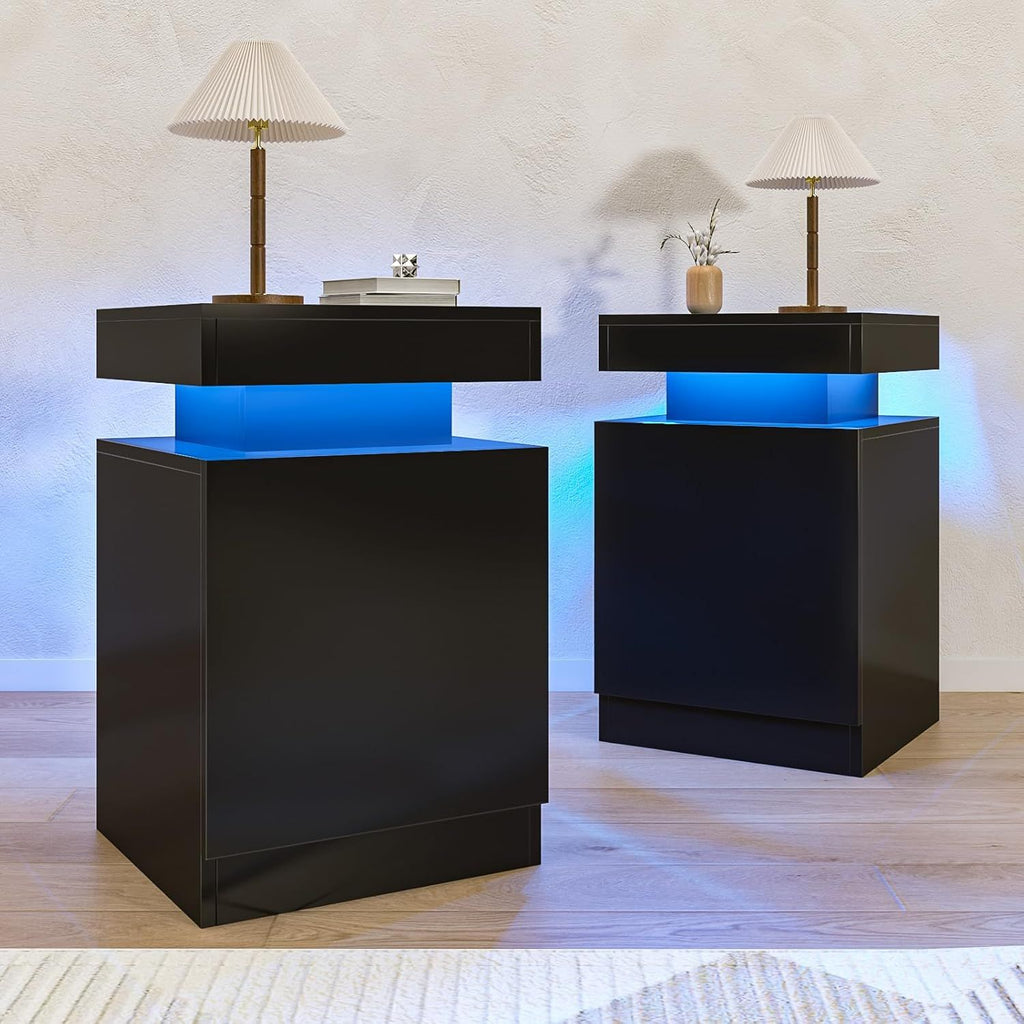 Nightstands Set 2, 15 Inches LED Night Stand Set of 2, Modern Bedside Table with LED Lights, High Gloss Surface, End Table with Storage for Bedroom, Black