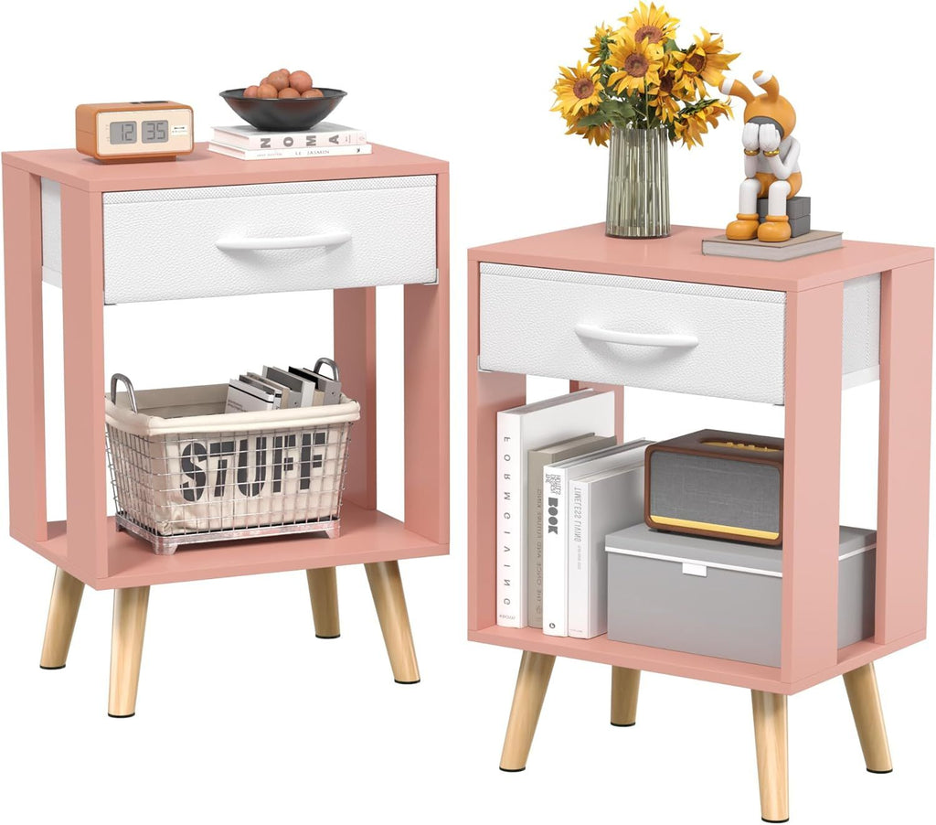 Nightstands Set of 2 with Fabric Storage Drawer and Open Wood Shelf, Side Table with Storage for Bedroom, Bedside Tables - Pink