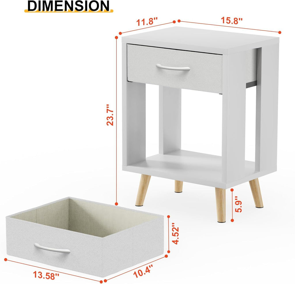 Nightstands Set of 2 with Fabric Storage Drawer and Open Wood Shelf, Side Table with Storage for Bedroom, Night Stand with Drawer for Bedroom, Bedside Tables - White 24" H