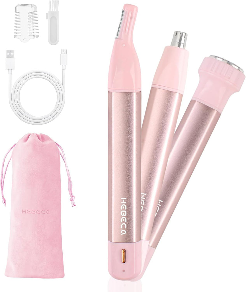 Nose Hair Trimmer for Women 3in1 Facial Hair Removal Trimmers- Rechargeable, Waterproof, Portable with Travel Bag- Trims Nose, Ear, Eyebrow, Peach-Fuzz, Lips, Chin Face Hair Remover