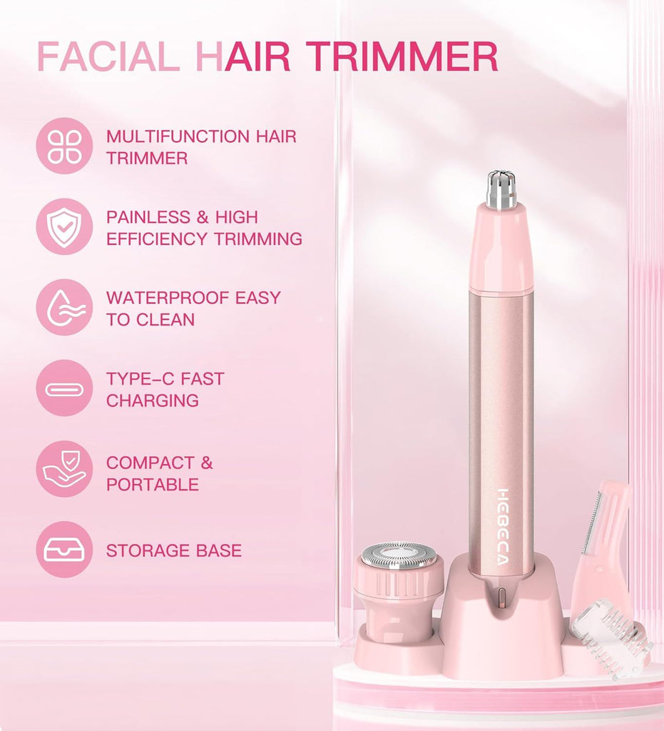 Nose Hair Trimmer for Women 3in1 Facial Hair Removal Trimmers- Rechargeable, Waterproof, Portable with Travel Bag- Trims Nose, Ear, Eyebrow, Peach-Fuzz, Lips, Chin Face Hair Remover