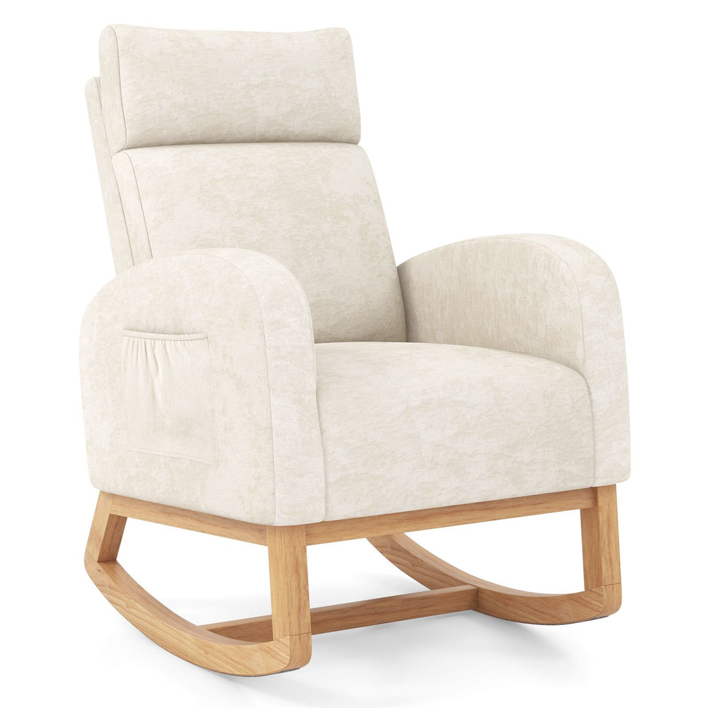 Nursery Rocking Chair Upholstered Chenille Rocker Armchair with Natural Rubber Wood Frame