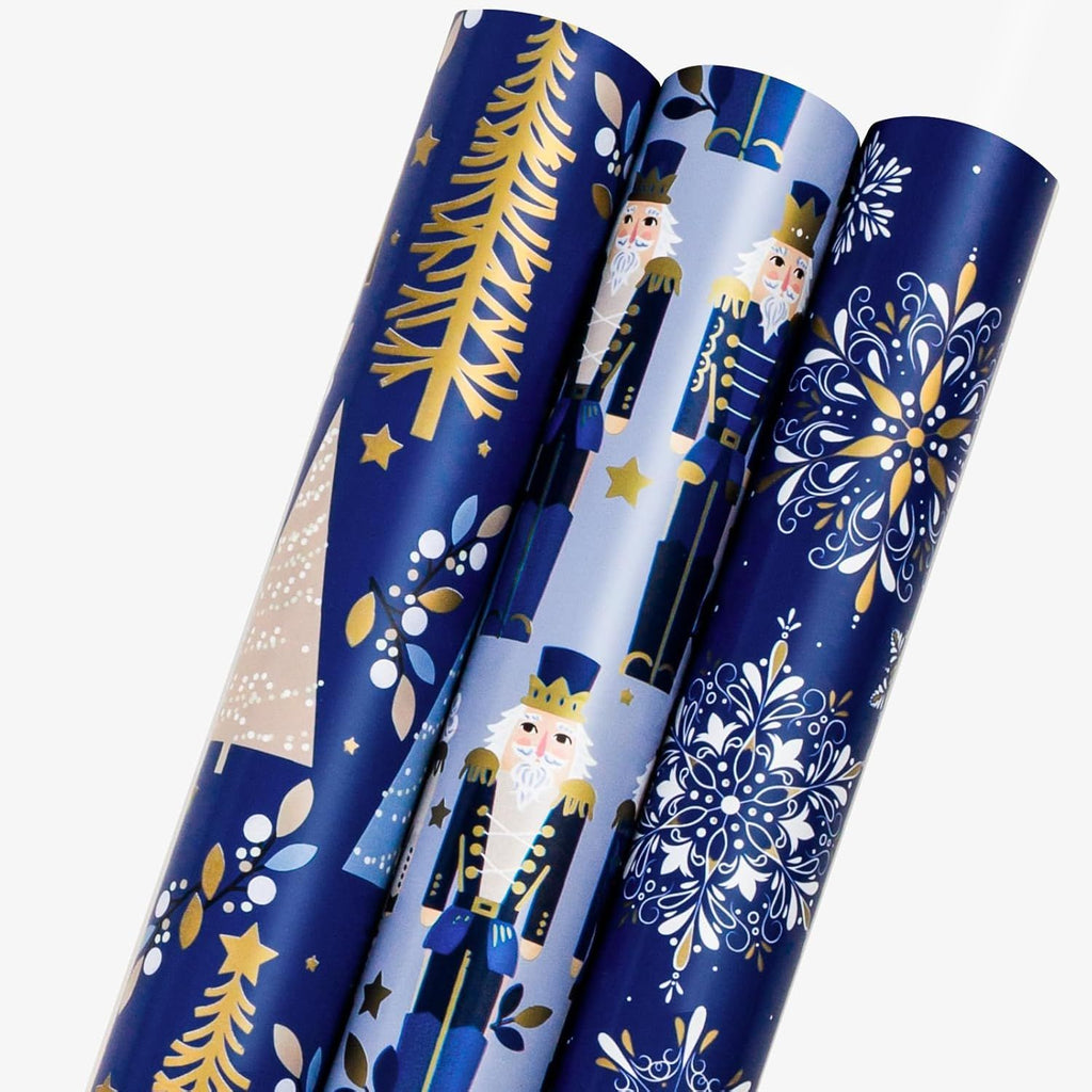 Nutcracker Christmas Gift Wrapping Paper - 17 In x 120 In Per Roll - Reversible Magic Navy Nutcracker, Midnight Snowflake, Tree Design Seasonal Gift Wrap Paper for Holiday, Christmas Ornament